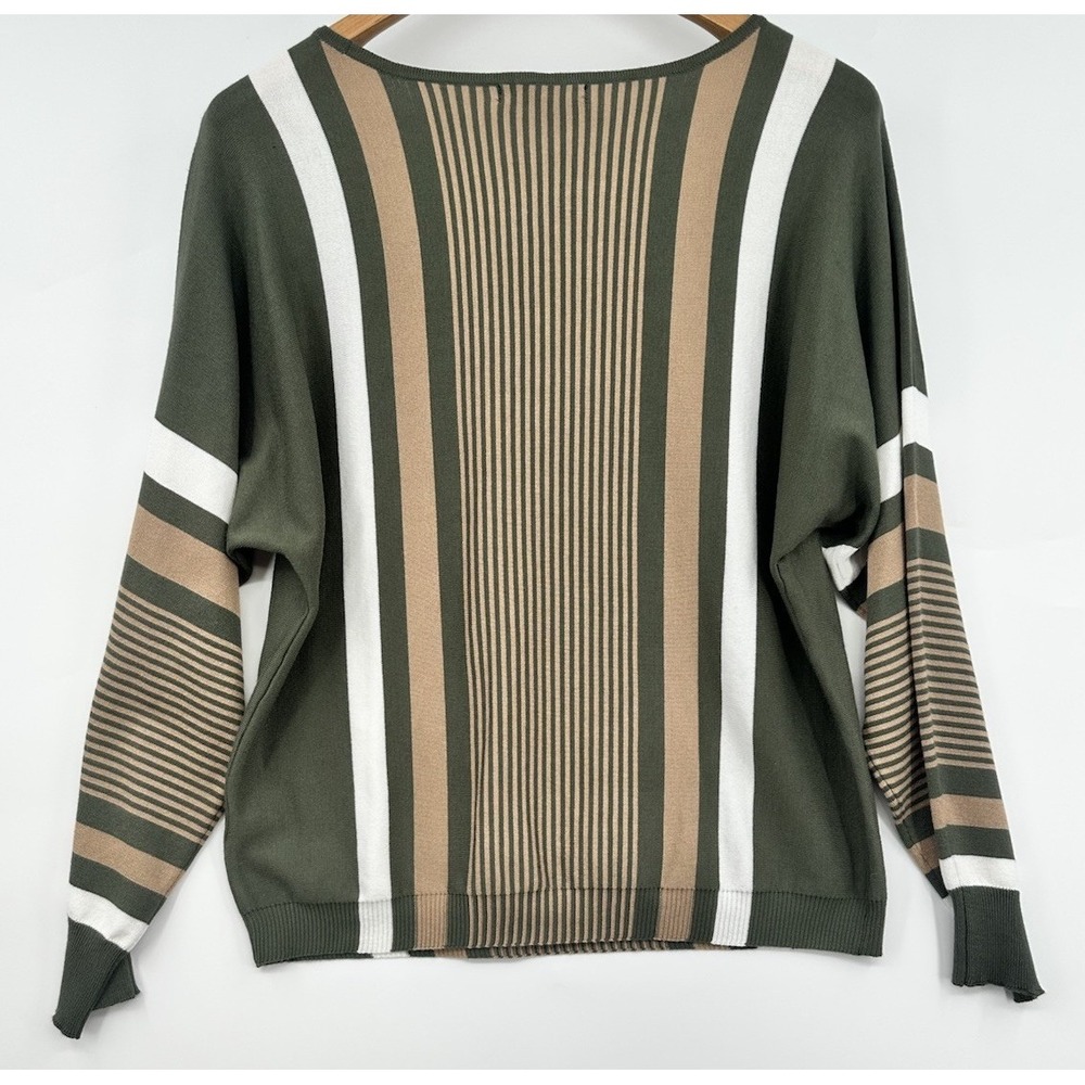 Adrienne Vittadini Green Knit Round Neck Long Sleeve Pullover Sweater L Stripe - Picture 3 of 8